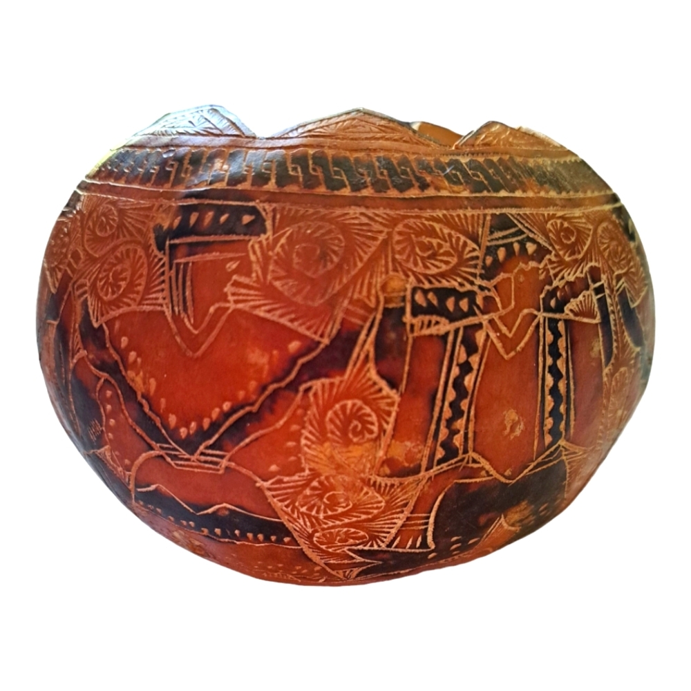 Peruvian Folk Art Carved Story Gourd Bowl